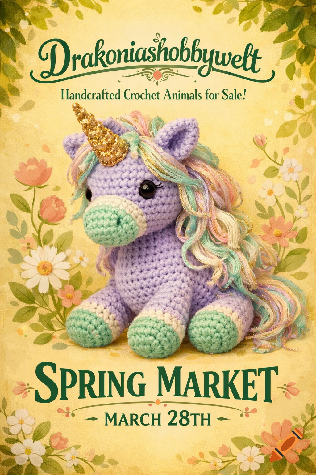 A whimsical poster for Drakoniashobbywelt's Spring Market, featuring a purple crochet unicorn with a glittery horn and pastel mane, surrounded by flowers.