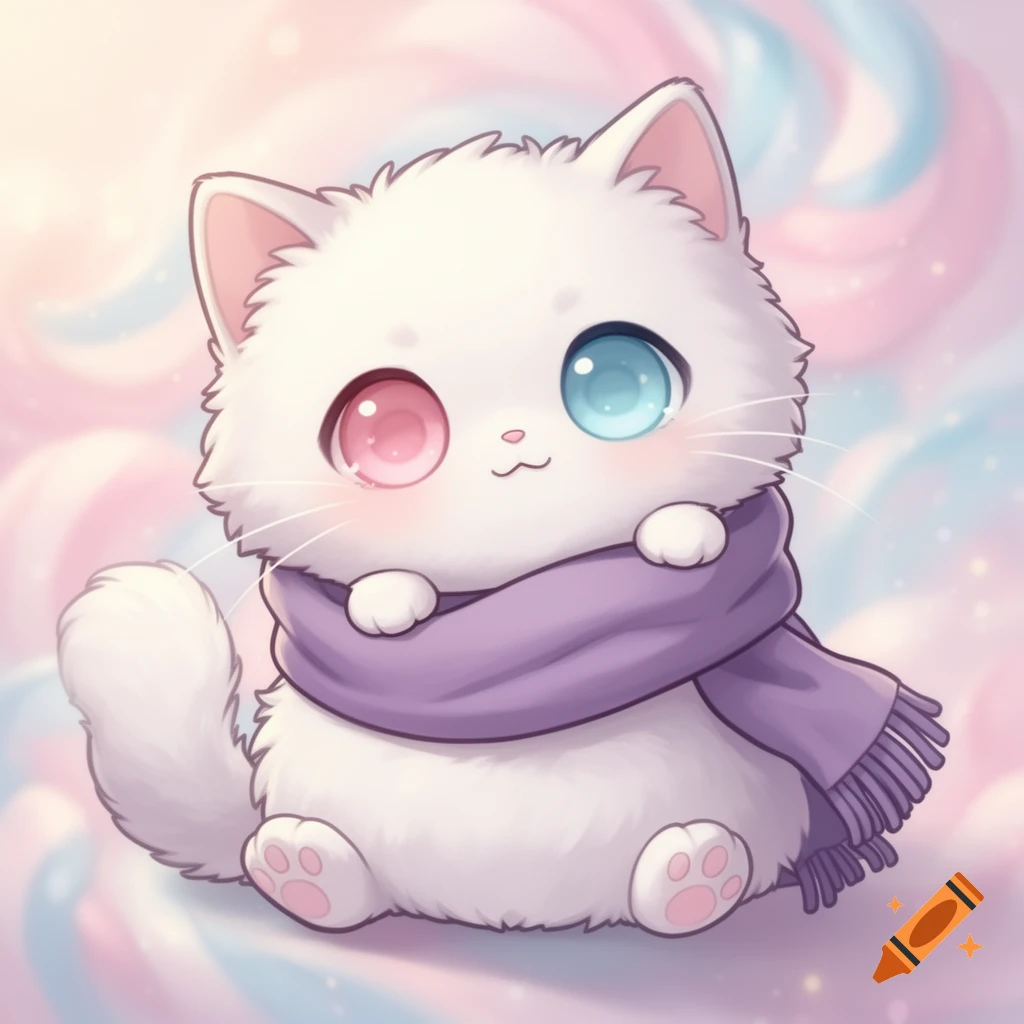 A fluffy white chibi cat with pink and blue eyes wears a purple scarf, sitting against a pastel pink and blue swirled background.