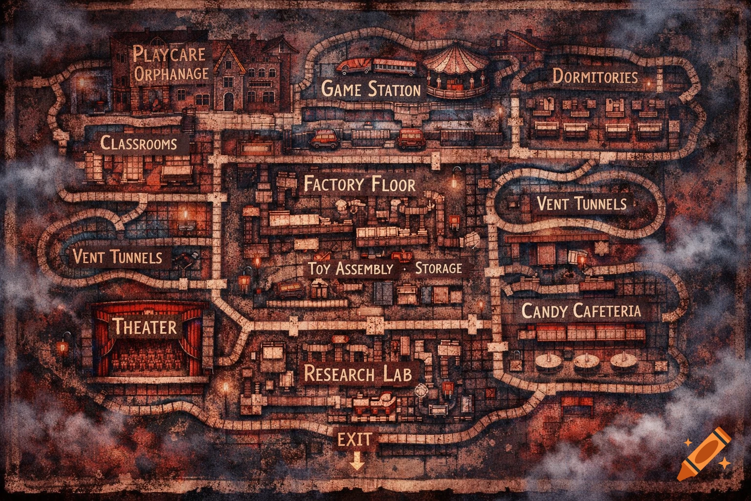 Top-down hand-drawn map of a creepy abandoned toy factory with labeled areas like Playcare Orphanage, Game Station, and Research Lab, in a dark, eerie horror game style.