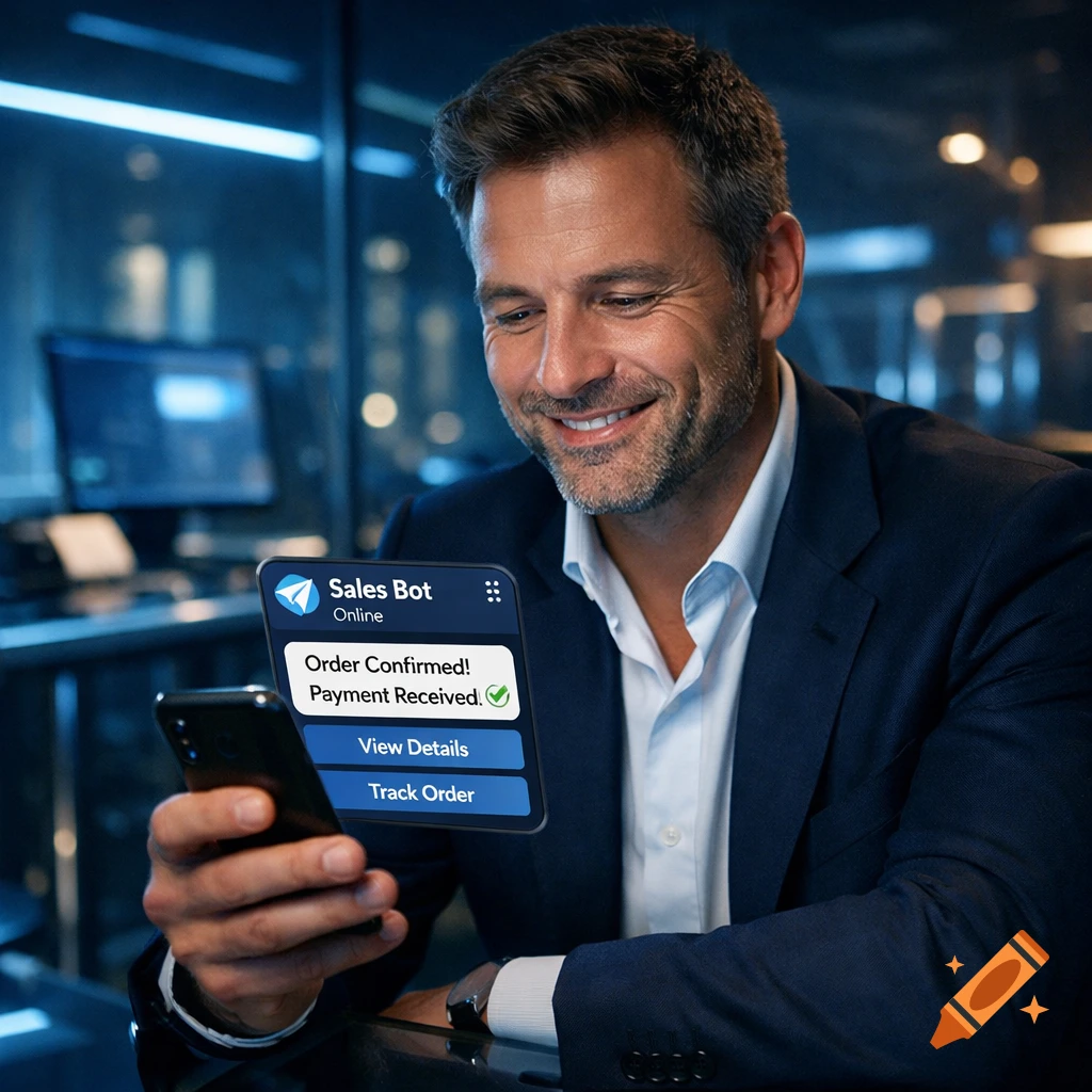 A smiling business owner looks at a phone displaying a "Sales Bot" notification for a confirmed order and received payment in a modern dark blue office with neon lighting.