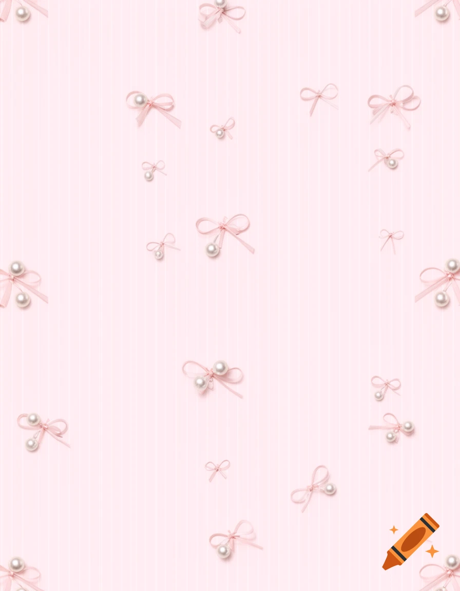 A seamless pattern of small pink bows with pearls on a light pink vertical striped background.