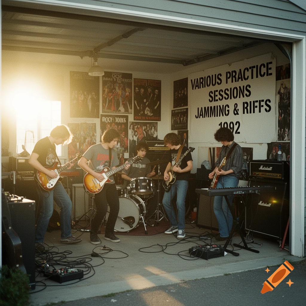 Four young men play guitars, drums, and keyboard in a sunlit garage, with a banner 'VARIOUS PRACTICE SESSIONS JAMMING & RIFFS 1992' on the wall.