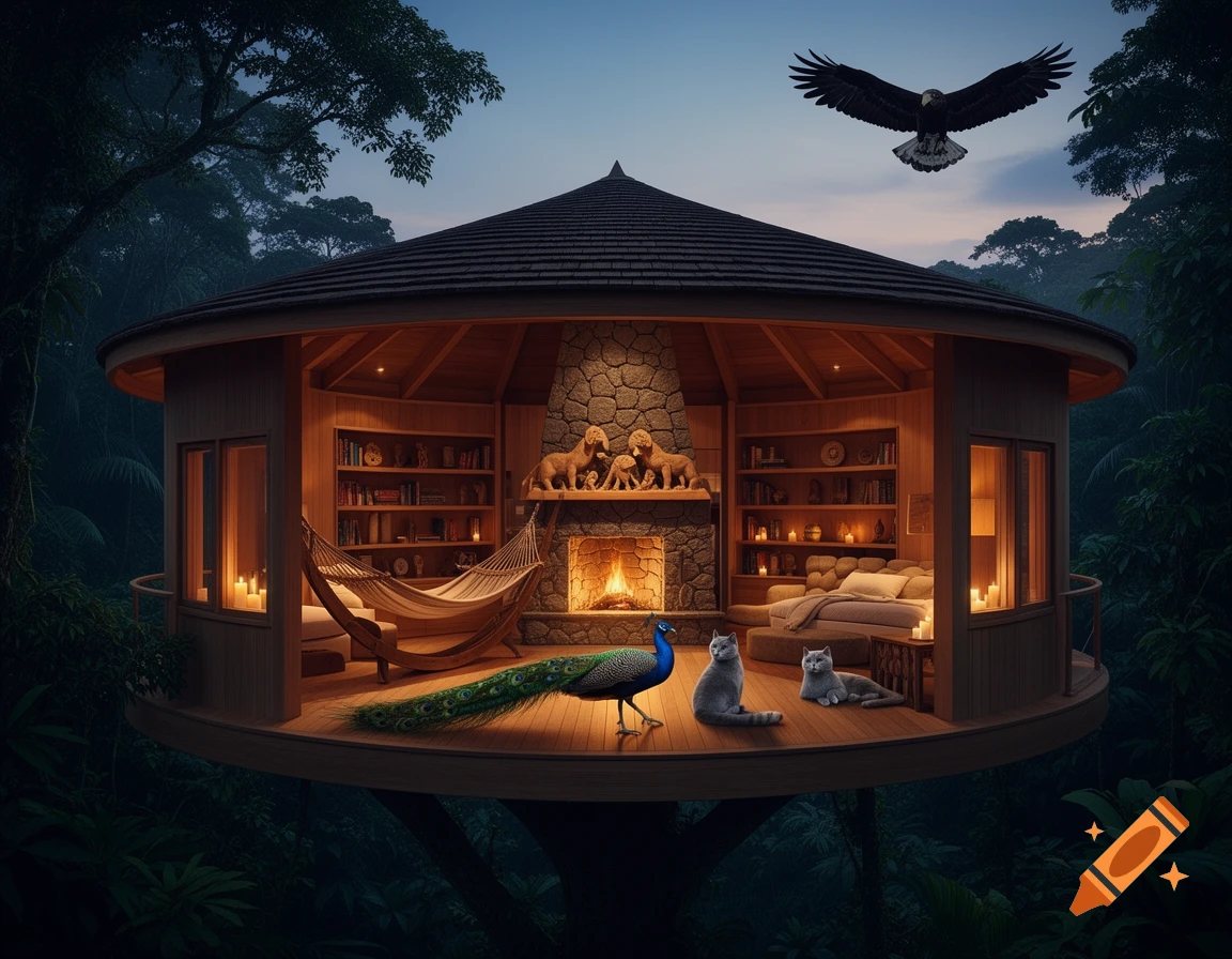 A cozy, circular treehouse in a dark jungle at dusk, lit by warm lights. A peacock, two cats, and an eagle flying above.