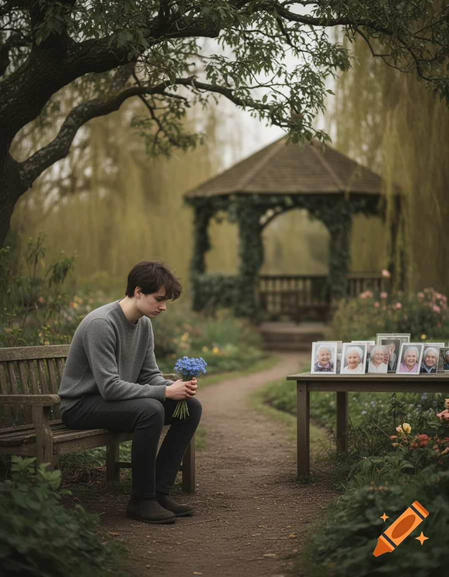 A young man sits on a bench in a garden, holding blue flowers, looking sadly at framed photos of elderly women on a table.