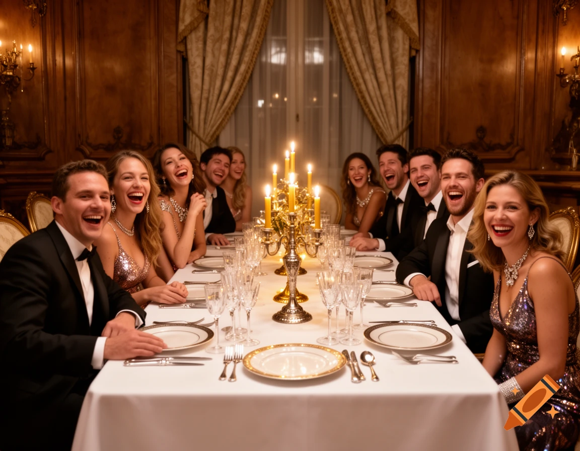 A group of formally dressed people laughing at a lavish dinner party with candlelight.