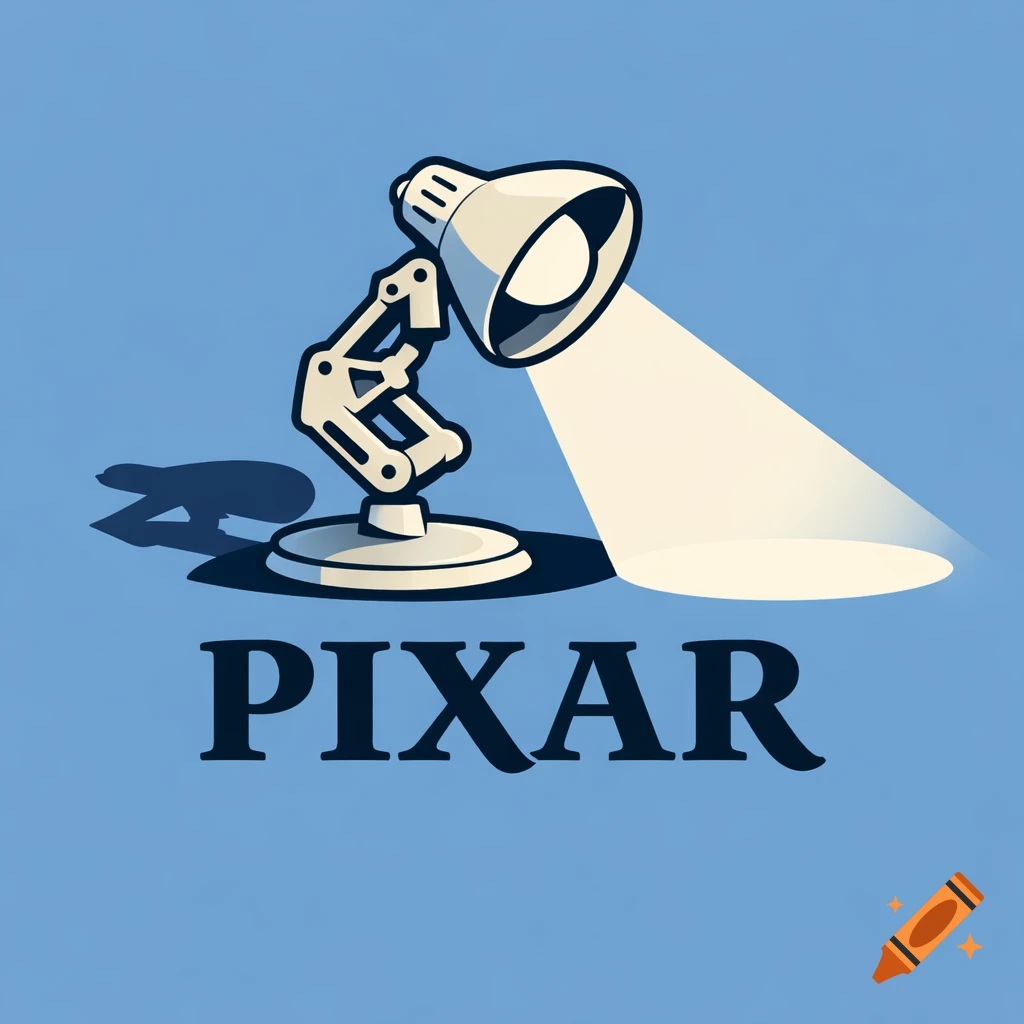 The Pixar lamp, Luxo Jr., casts a spotlight over the word 'PIXAR' on a blue background.