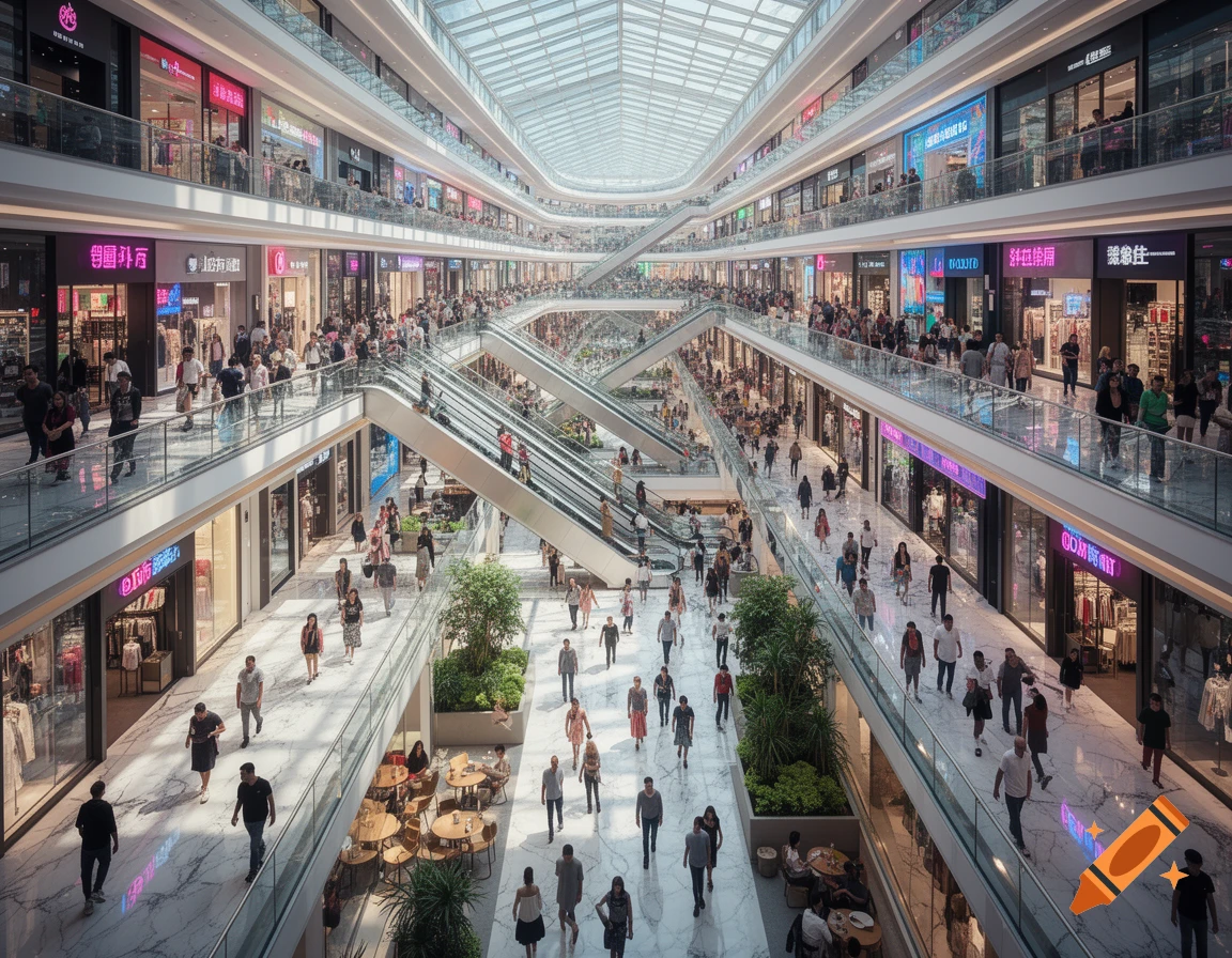 A vast, multi-story modern shopping mall with a glass roof, numerous stores, escalators, and many people walking on all levels. The scene is bright and busy, captured from an elevated perspective.