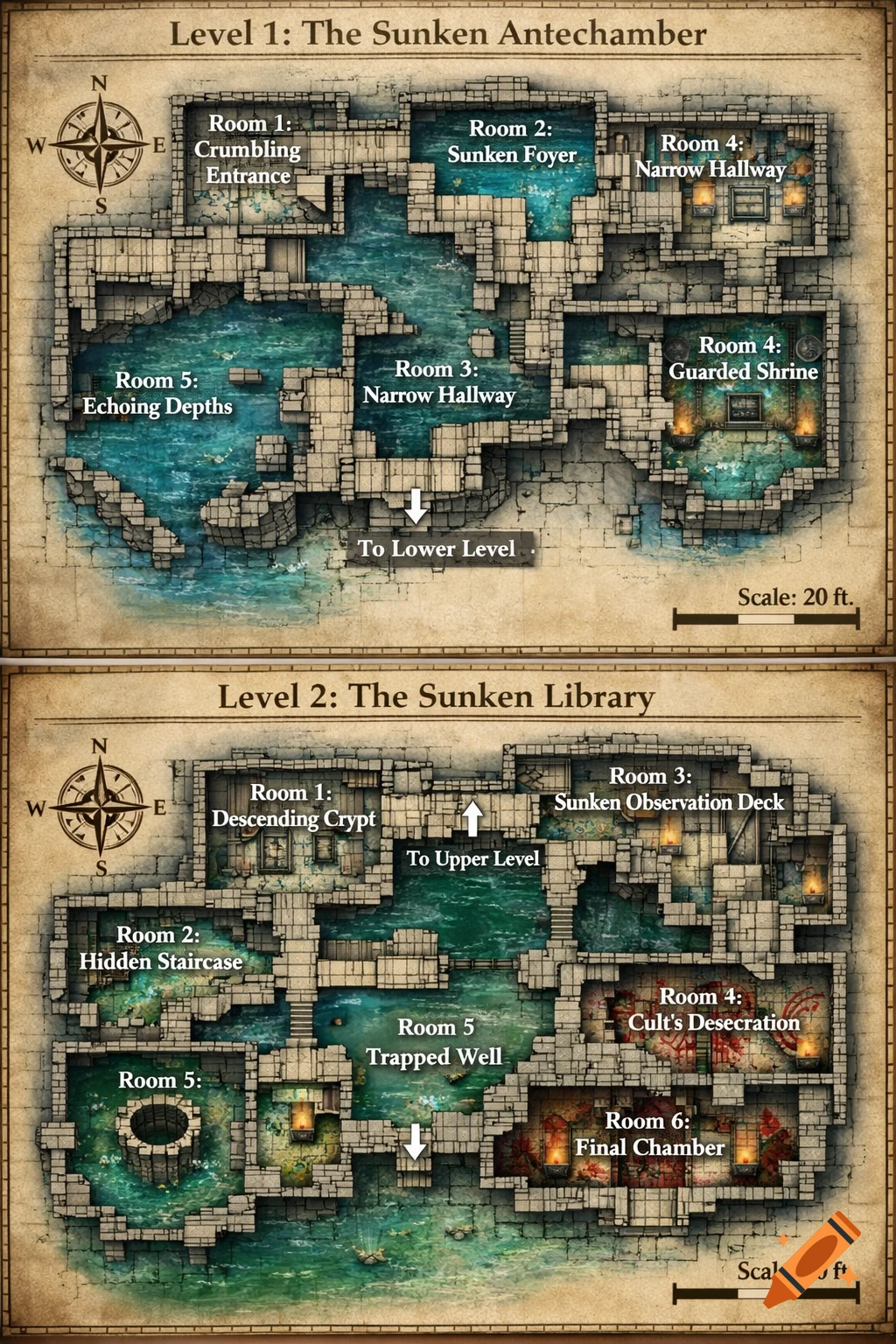 Two levels of a top-down fantasy dungeon map, partially submerged in water, showing rooms like 'Sunken Foyer' and 'Cult's Desecration'.
