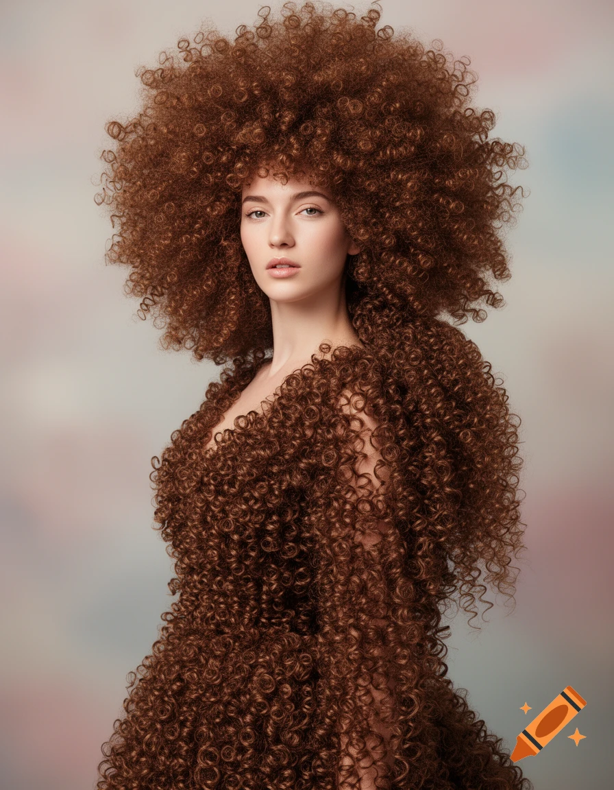 A woman with a massive curly brown afro hairstyle and a dress made of curly brown hair, looking directly at the viewer.