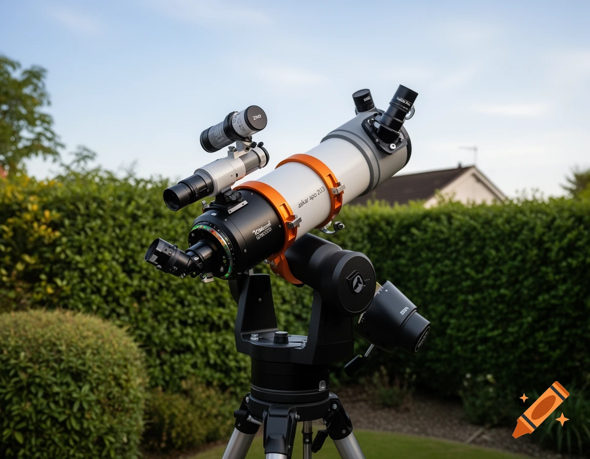 A detailed shot of a white and orange Askar APO 203 telescope on a black 10Micron GM2000 mount, with a ZWO guide scope attached, set in a sunny garden against a blue sky.