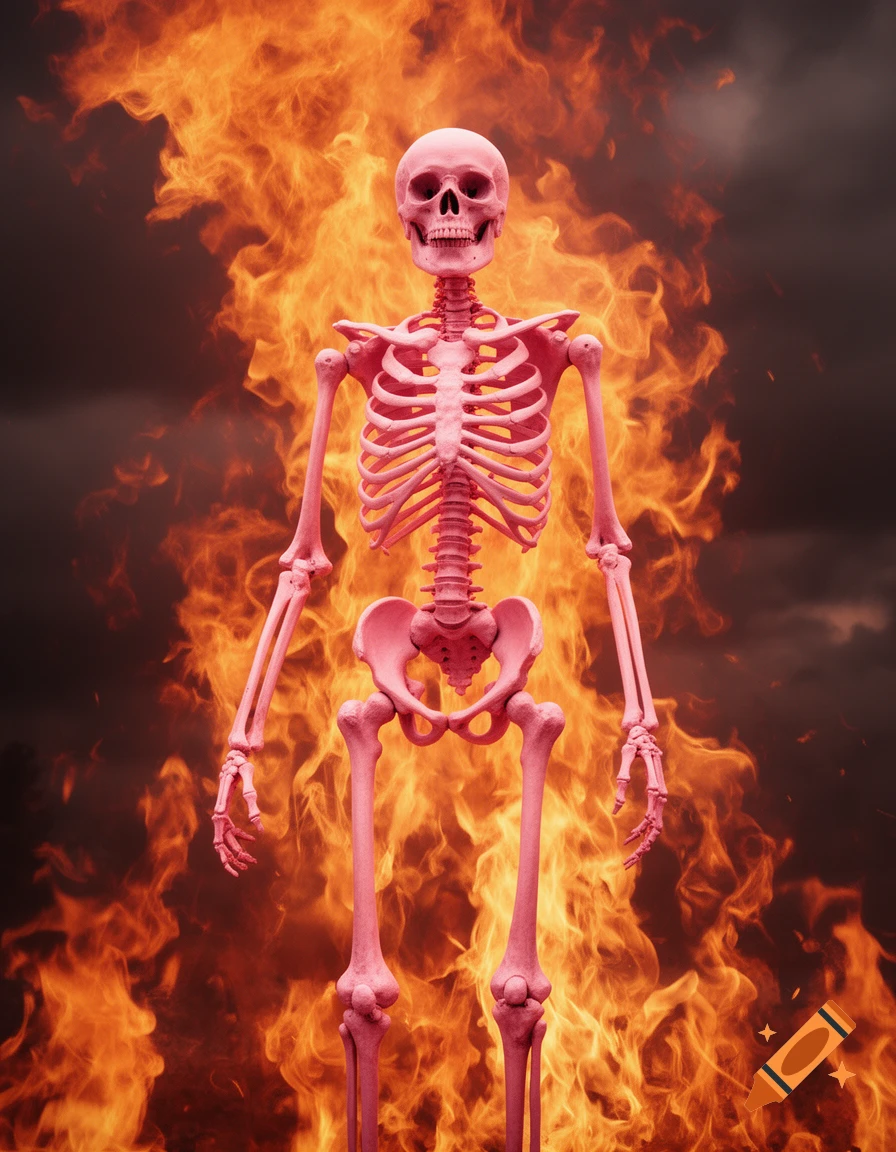 A pink skeleton stands engulfed in vibrant orange flames with a dark, smoky background.