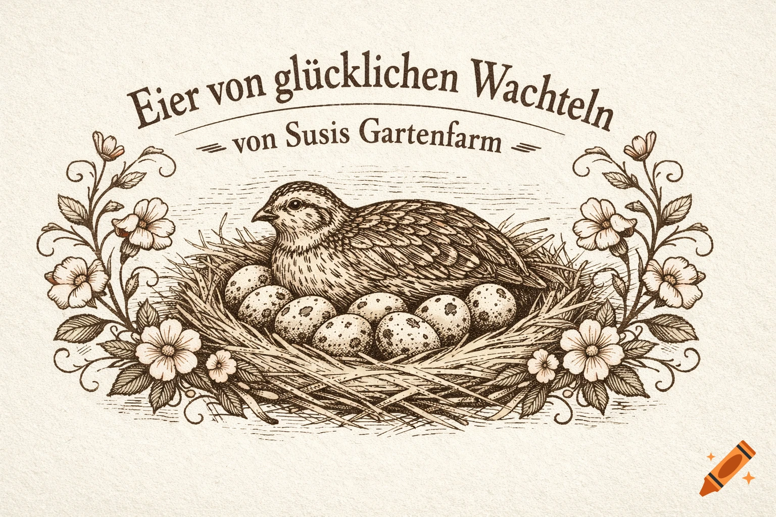 Vintage-style illustration of a quail in a nest with eggs, surrounded by flowers and German text: 'Eier von glücklichen Wachteln von Susis Gartenfarm'.