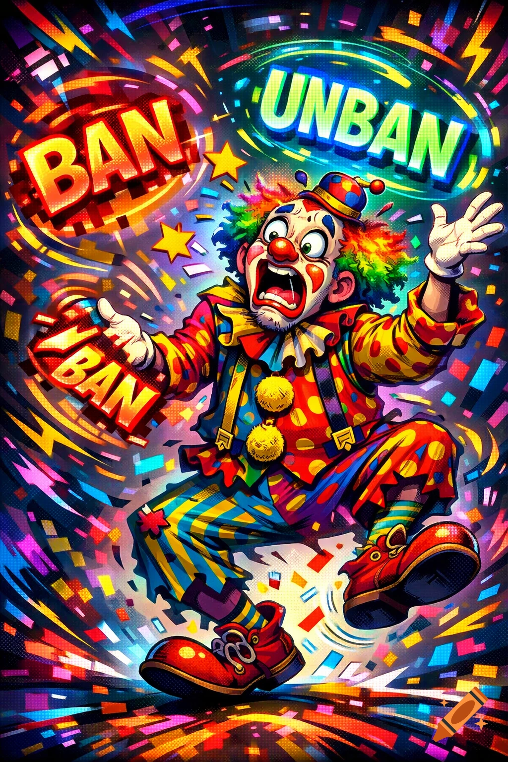 Colorful, cartoonish clown with a shocked expression, surrounded by abstract confetti and text bubbles saying 'BAN' and 'UNBAN' in a glitchy style.