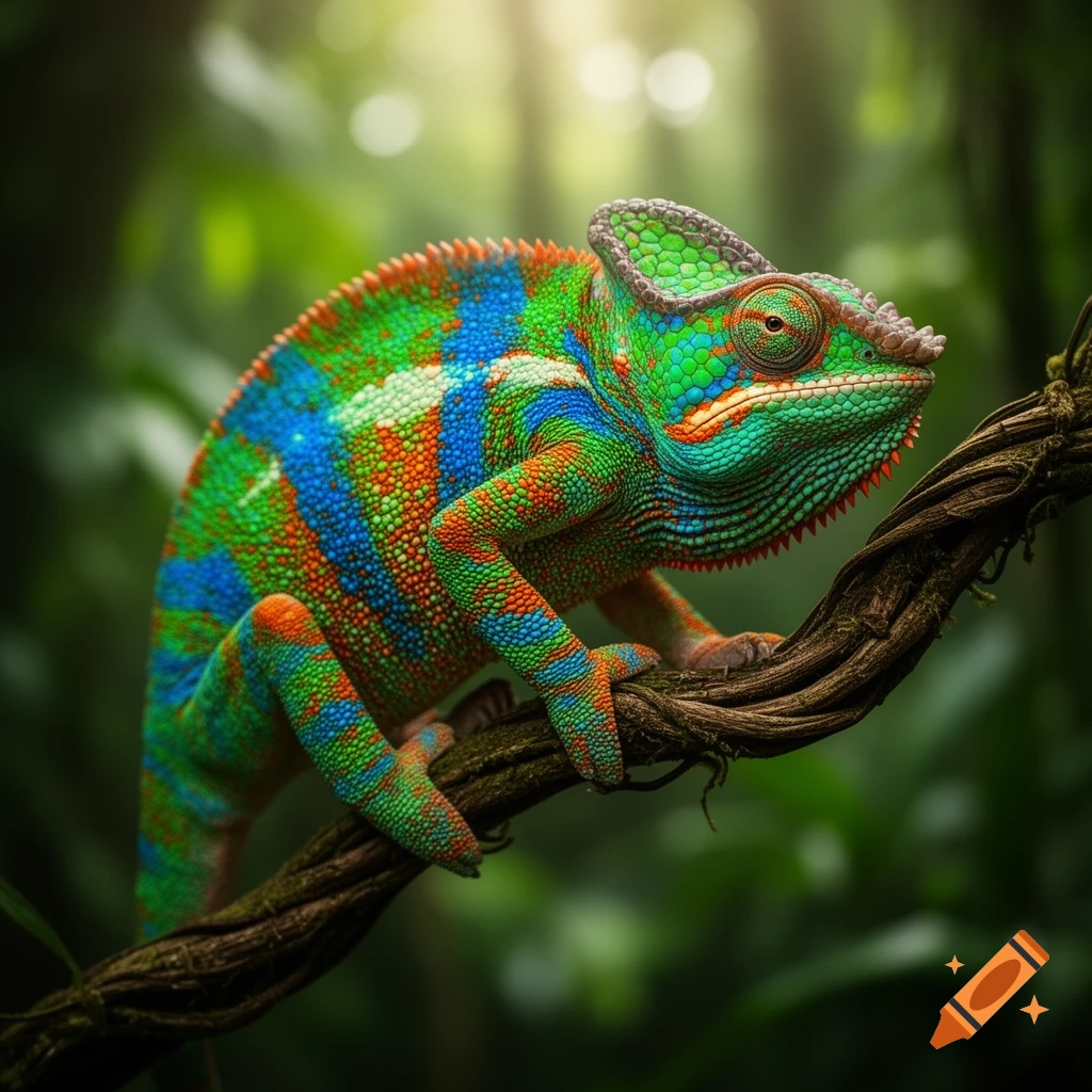 A vibrant, colorful chameleon with green, blue, and orange scales perches on a twisted brown branch in a lush, sunlit jungle.