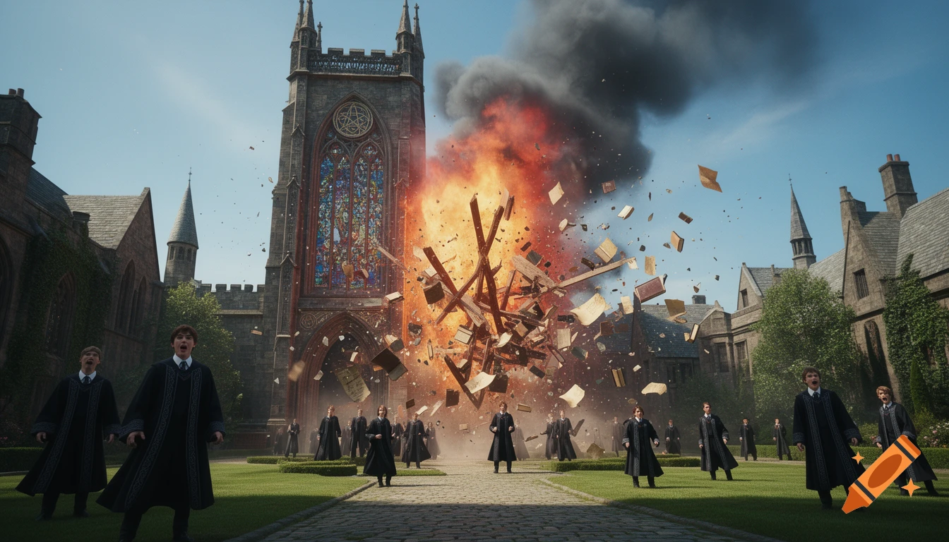 Students in academic robes react to a large explosion with flying books outside a gothic magic school building.
