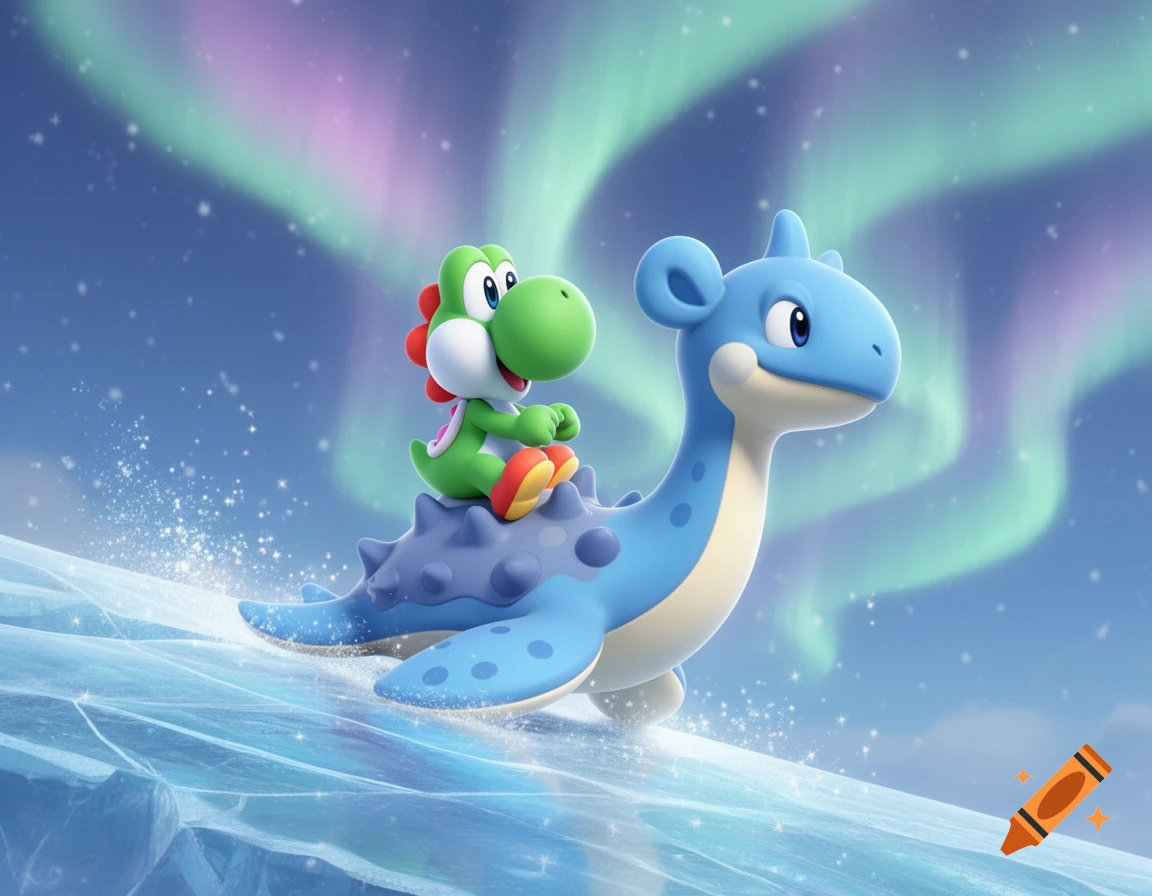 Yoshi riding on Lapras down an icy slope under the aurora borealis, in a cute CGI style.