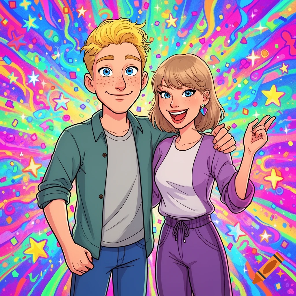 Smiling cartoon man and woman against a vibrant, psychedelic background with stars and confetti in a colorful style.