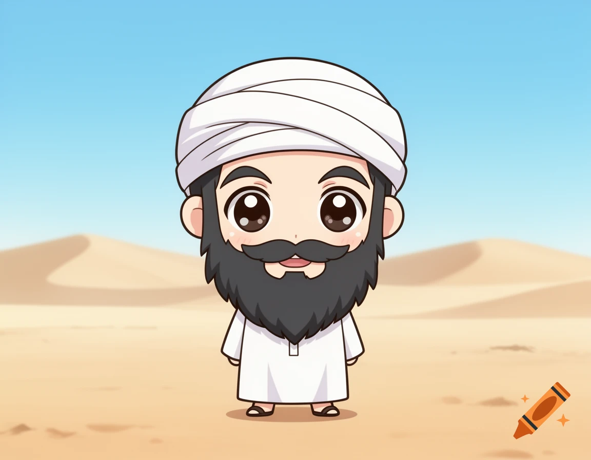 A chibi-style anime character, a man with a dark beard and white turban, stands in a sandy desert under a blue sky.
