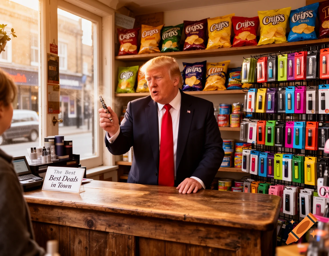 Photorealistic image of Donald Trump in a small English corner shop, holding a vaping device while standing behind a wooden counter. Shelves of crisps and e-cigarettes are visible behind him.