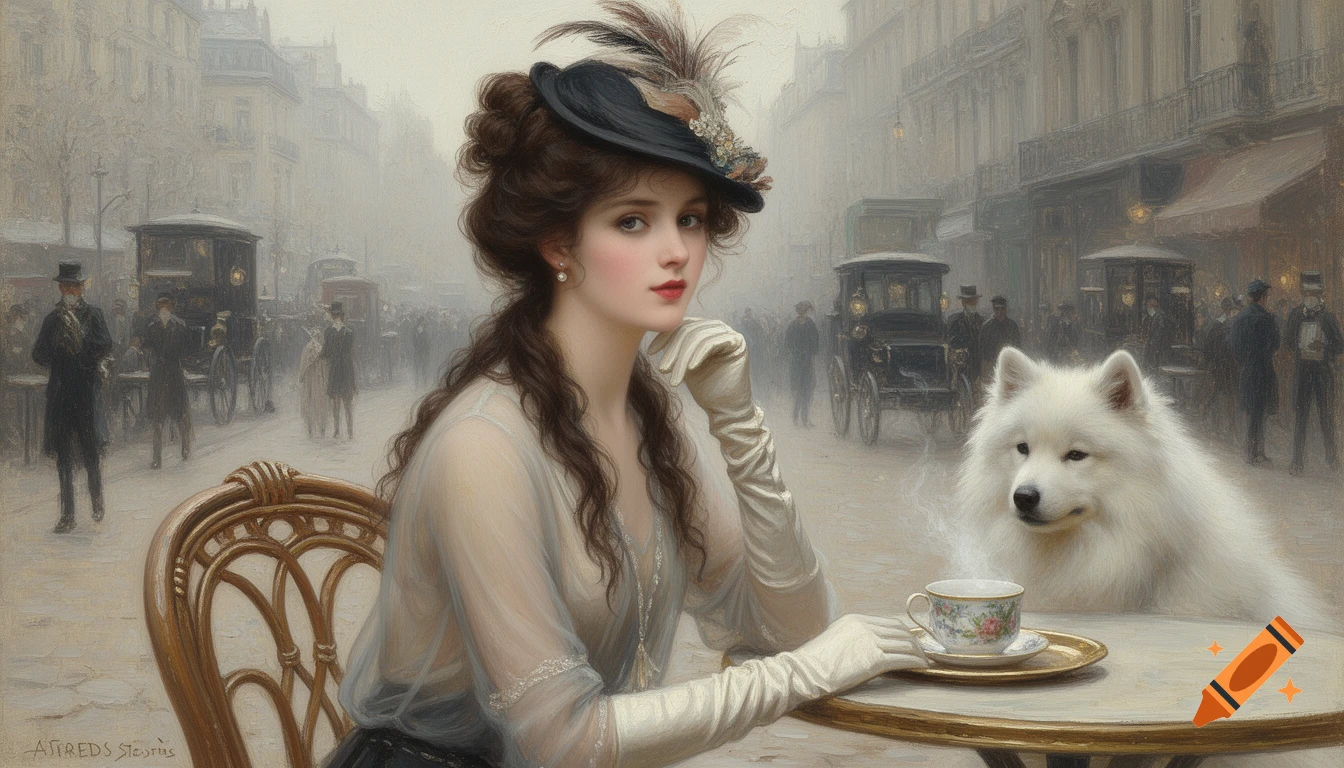 Impressionist painting of a woman and a Samoyed dog at an outdoor cafe table on a misty 1800s city street.