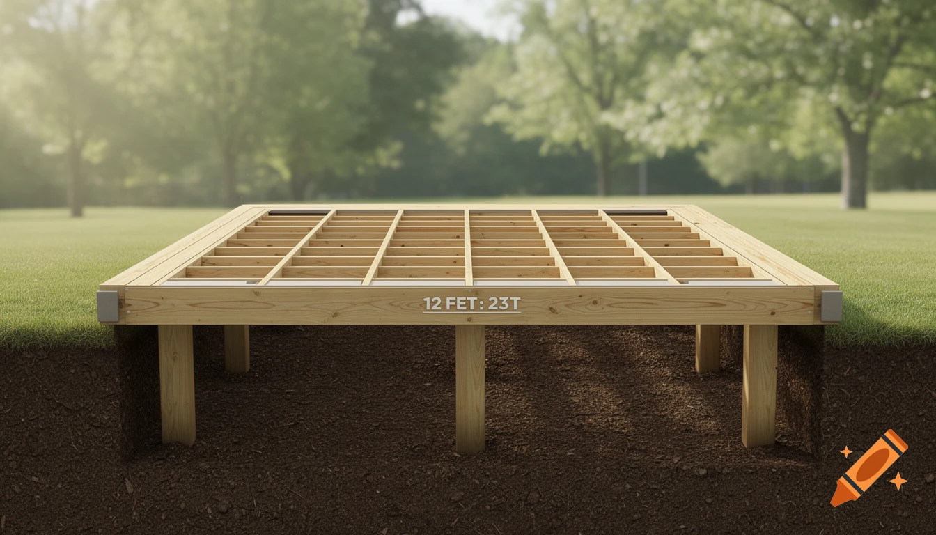 Photorealistic cross-section of a raised wooden deck foundation with posts in the ground, in a grassy setting.