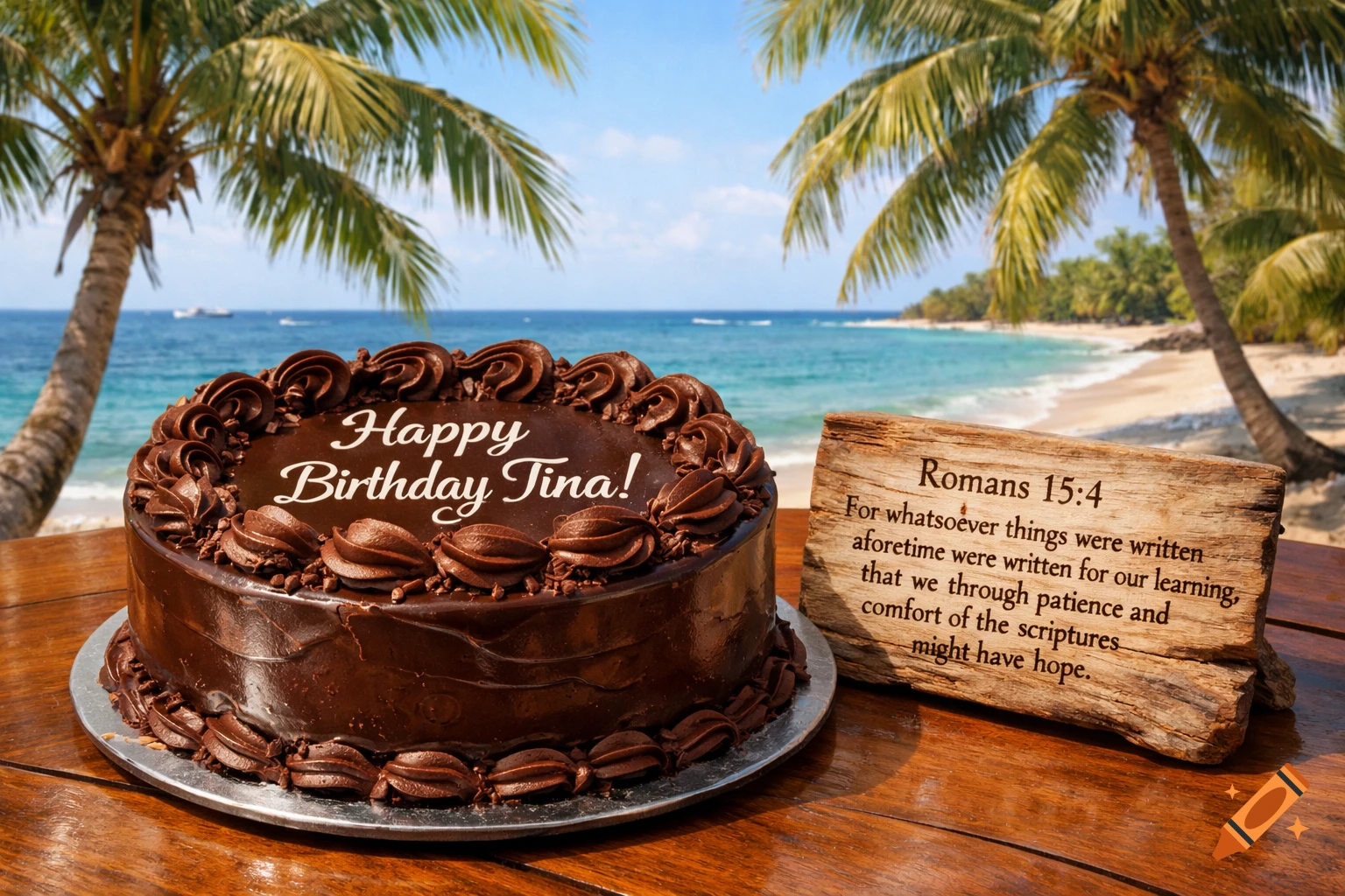 Photorealistic chocolate birthday cake with 'Happy Birthday Tina!' on top, next to a wooden sign with a biblical verse, set on a tropical beach.