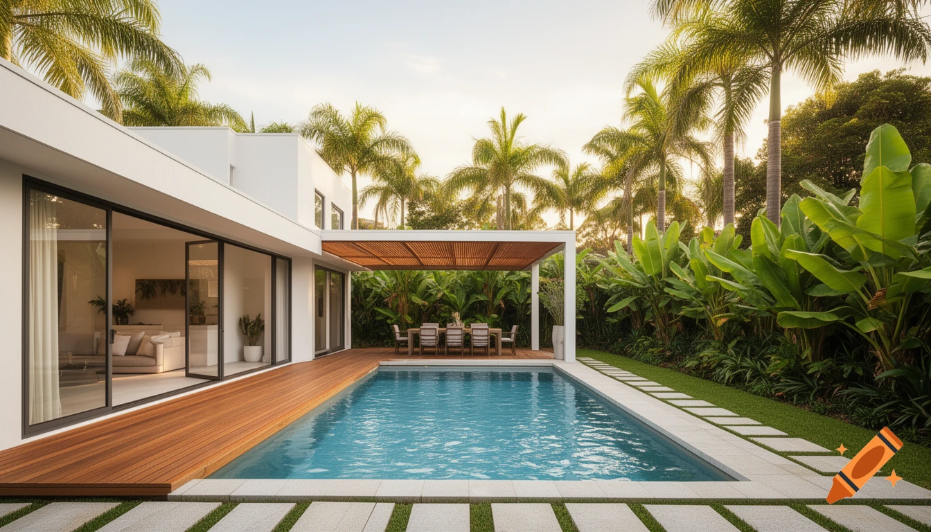 Photorealistic view of a modern white house with a rectangular pool, timber deck, outdoor dining under a pergola, and lush tropical garden.