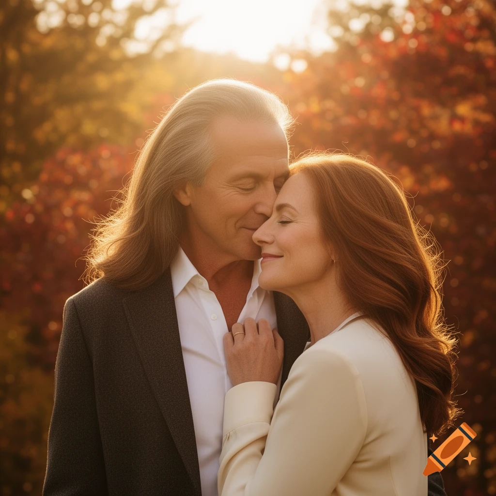A mature couple in an affectionate embrace under golden autumn sunlight, a warm portrait.