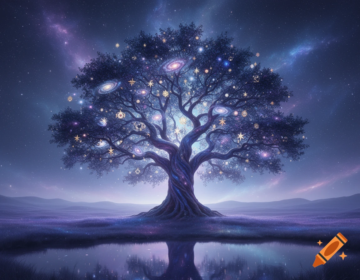 A vibrant, glowing cosmic tree adorned with stars and galaxies, reflected in tranquil water under a starry purple night sky.