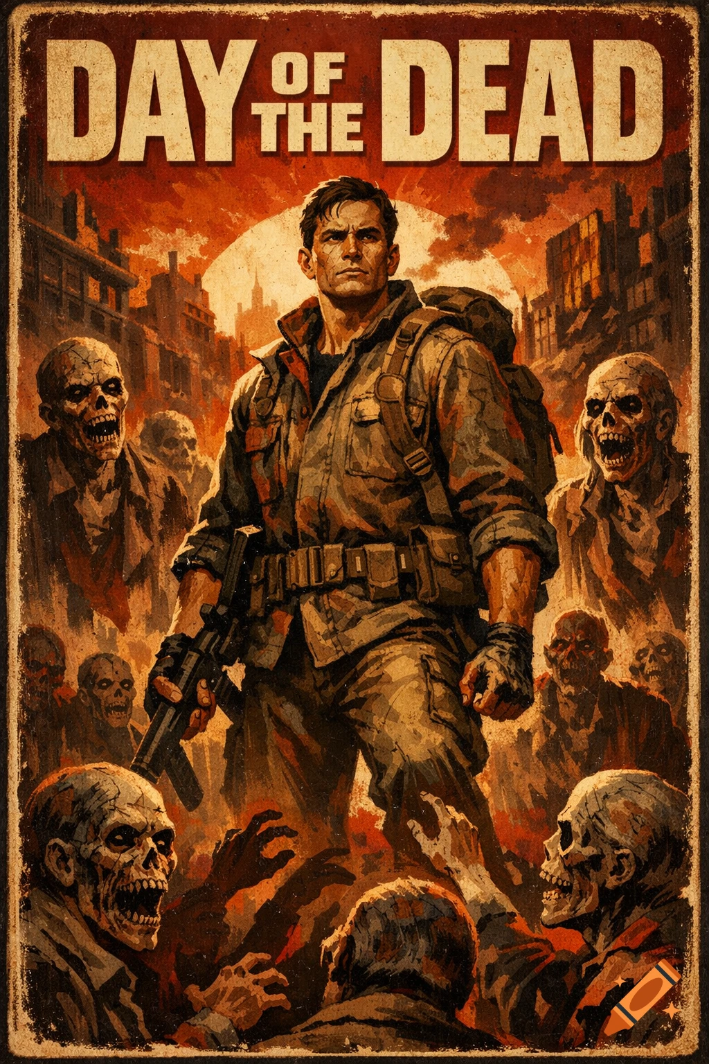 Gritty movie poster art for 'DAY OF THE DEAD' depicting a man with a rifle surrounded by zombies in a ruined city.