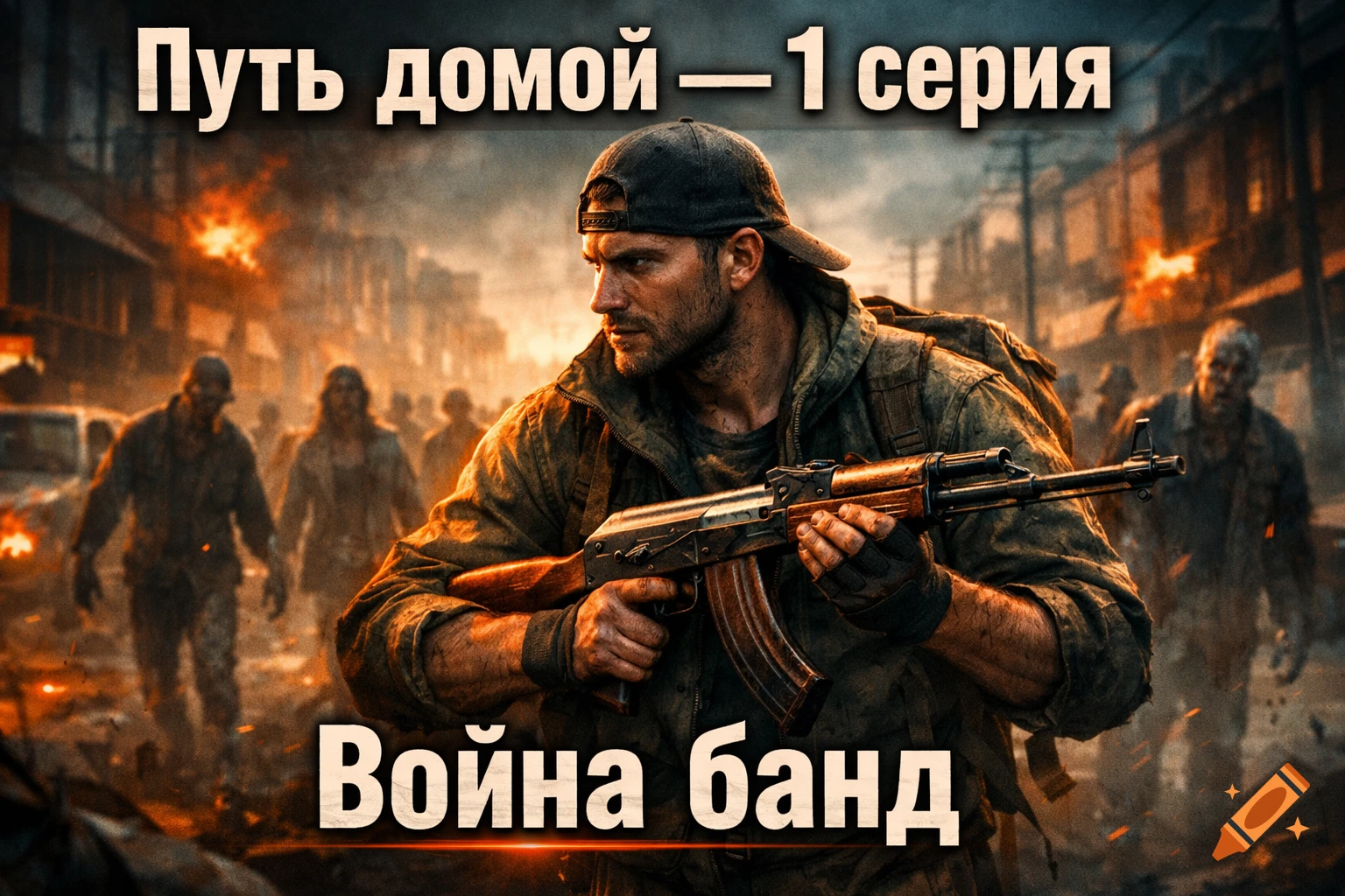 A hyper-realistic cinematic image of a lone survivor with an AK-47 in a burning, zombie-filled city. Text: 'Путь домой - 1 серия', 'Война банд'.