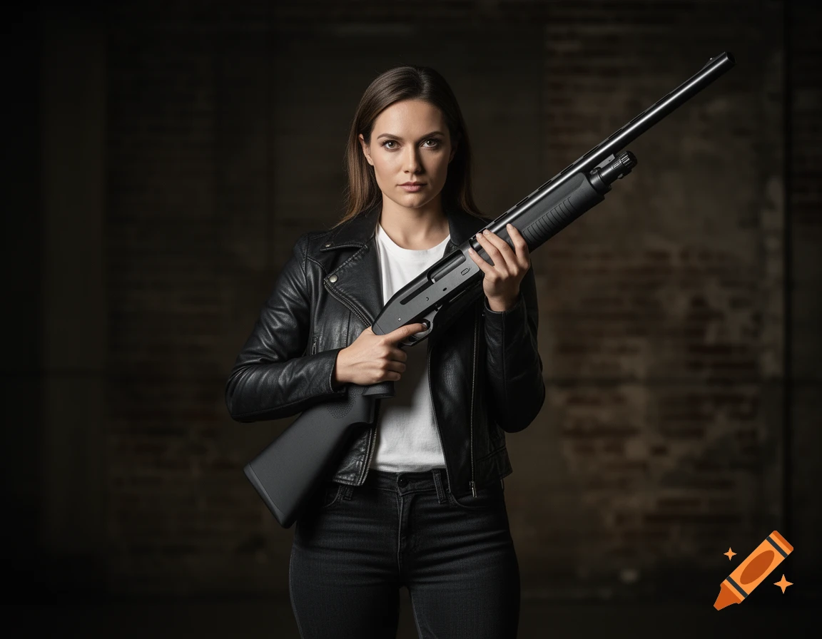 A serious woman in a leather jacket holds a black shotgun, looking directly at the viewer in a dark, photorealistic setting.