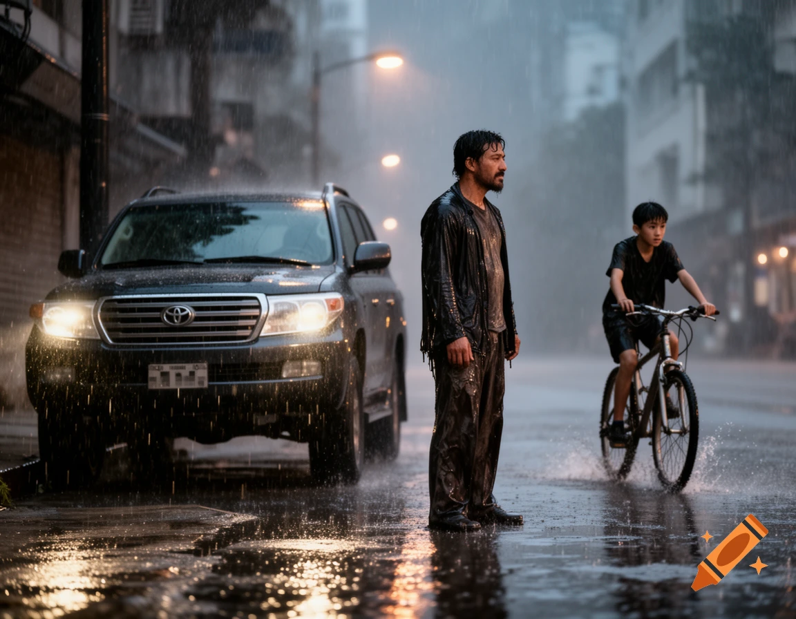A man stands in heavy rain next to a dark SUV, watching a boy ride a bicycle through puddles on a city street at night.