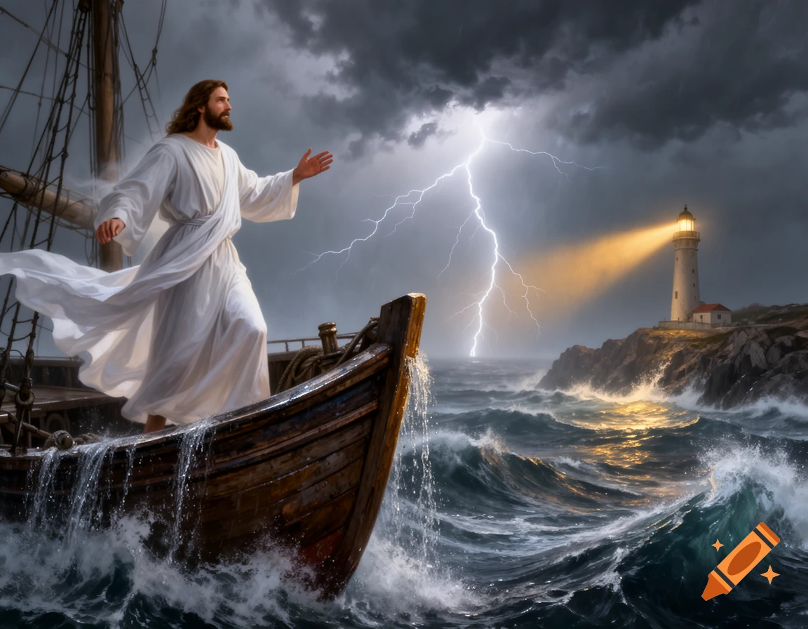 Jesus stands on a wooden boat amidst a stormy sea with lightning, facing a distant lighthouse under dark clouds. Photorealistic style.