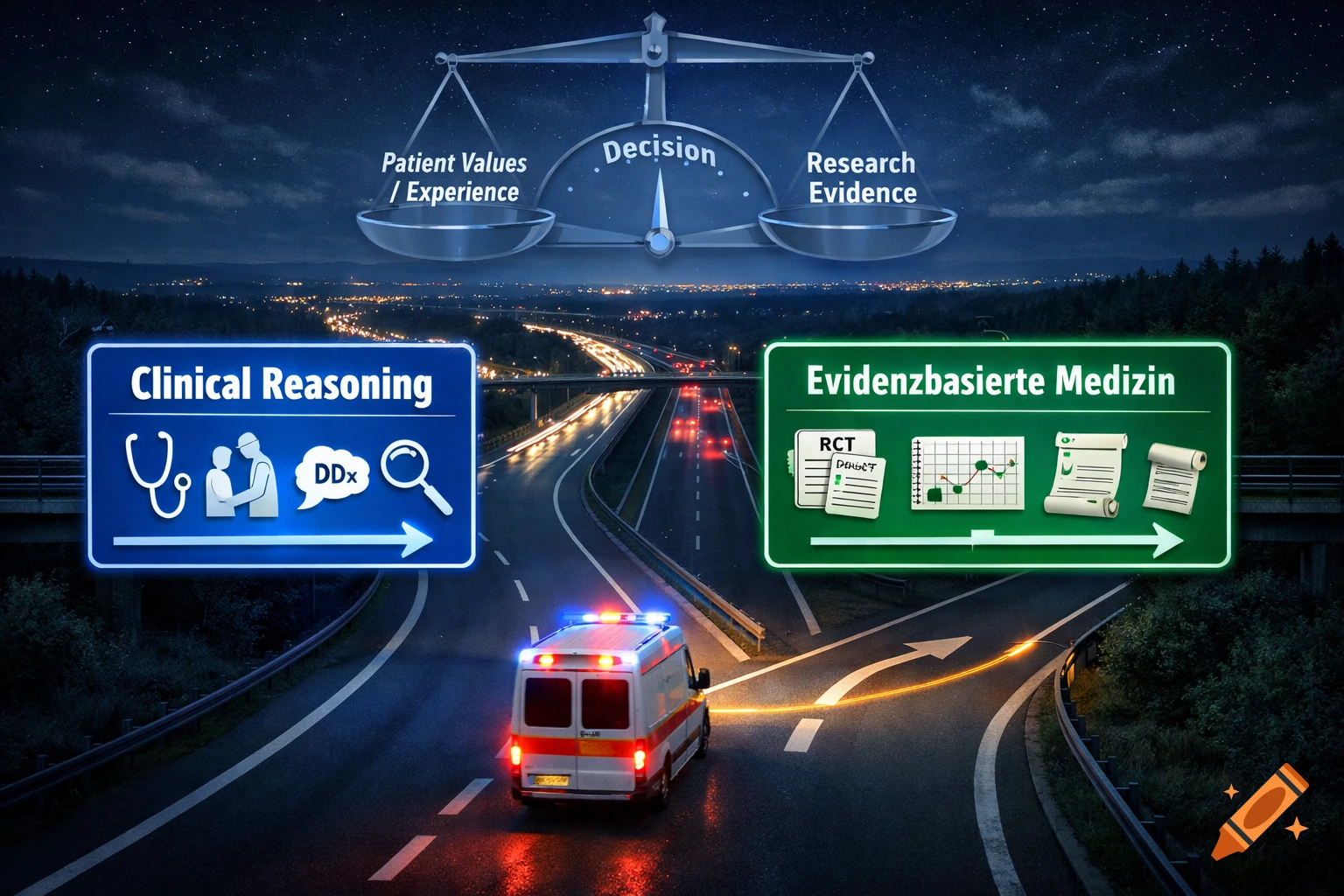 Photorealistic night scene of a highway fork with an ambulance, symbolizing medical decision-making. Blue sign for Clinical Reasoning, green for Evidenzbasierte Medizin. Scales overhead balance Patient Values and Research Evidence for a Decision.
