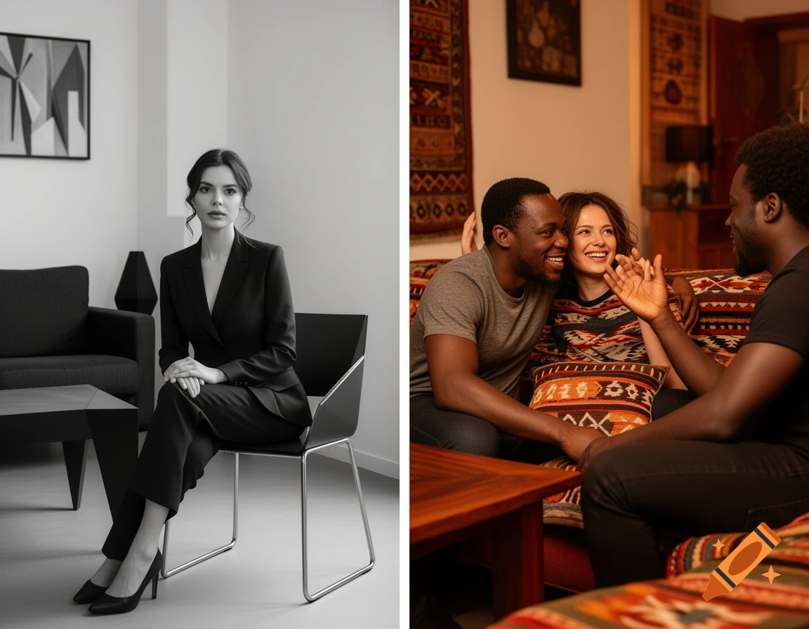 Split image: A woman in a black suit sits in a minimalist room; three people smile and talk on a patterned couch.