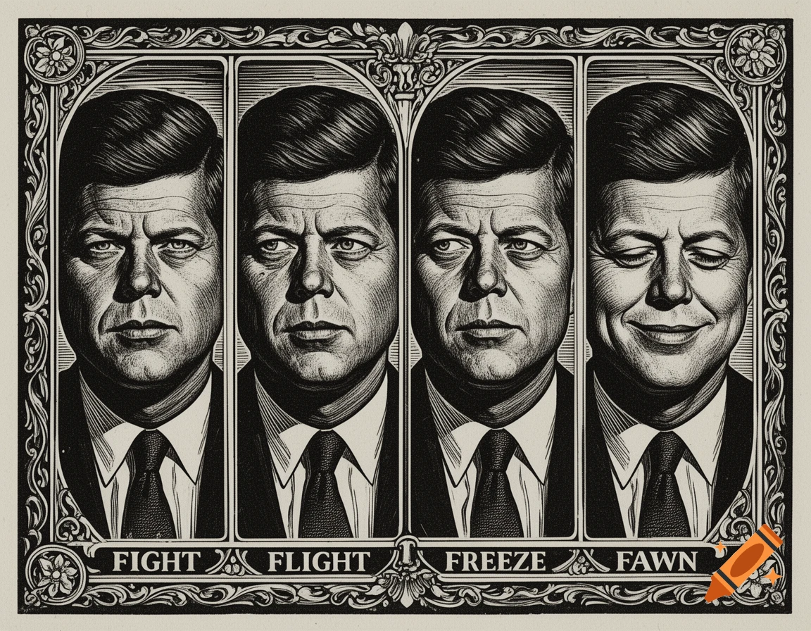 Four black and white woodcut portraits of John F. Kennedy depicting fight, flight, freeze, and fawn expressions, with text labels.