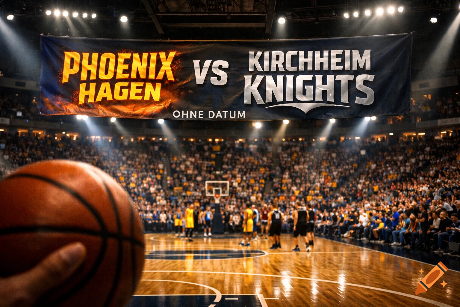 Close-up of a basketball held in hand, overlooking a basketball game in a brightly lit arena, with a banner displaying 'Phoenix Hagen vs Kirchheim Knights Ohne Datum'.