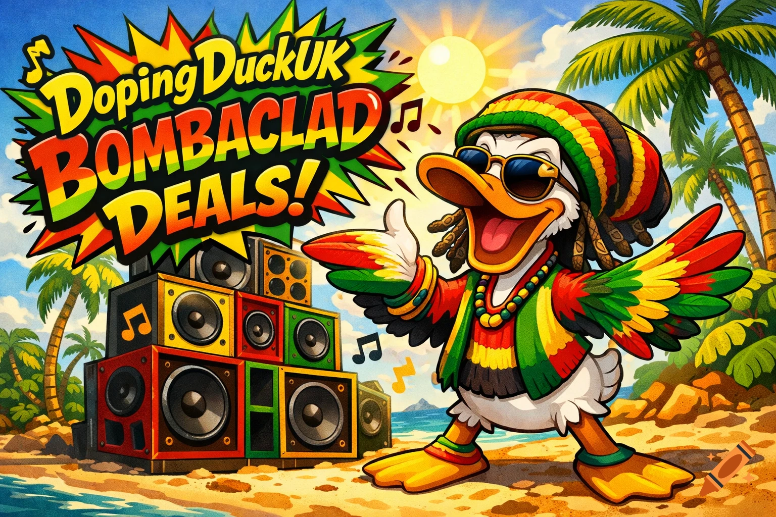 A cartoon duck in a Rasta hat and sunglasses, with dreadlocks, on a tropical beach with palm trees and a stack of colorful speakers. Text: "Doping DuckUK BOMBACLAD DEALS!"