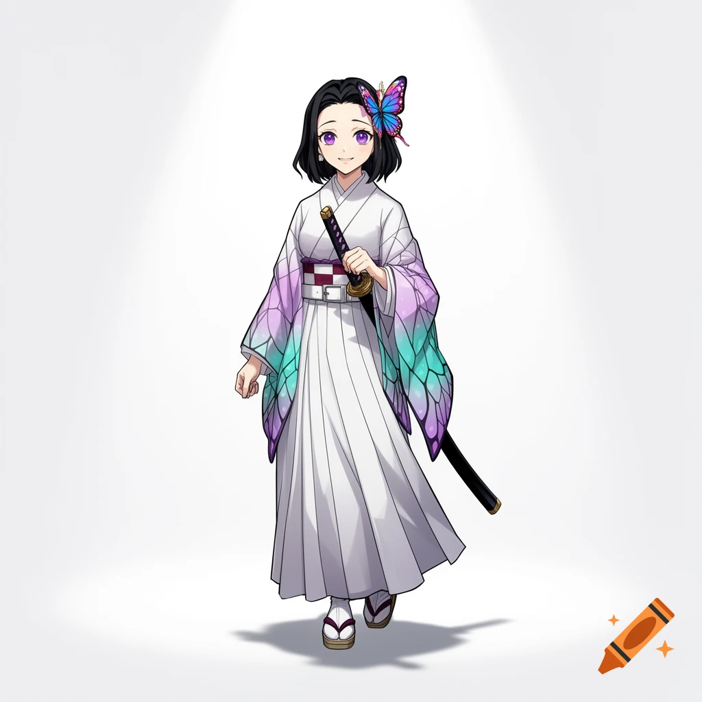 Full-body anime illustration of Shinobu Kocho, a woman with short dark hair and purple eyes, wearing a white kimono with purple and teal butterfly pattern sleeves, holding a katana.
