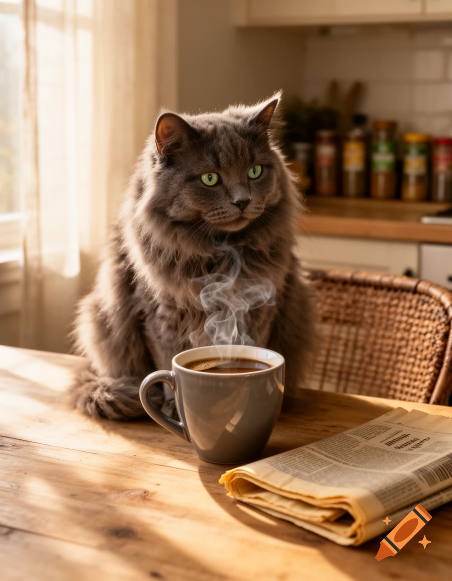 A fluffy grey cat with bright green eyes sits at a wooden table next to a steaming cup of coffee and a newspaper in a sunlit kitchen.