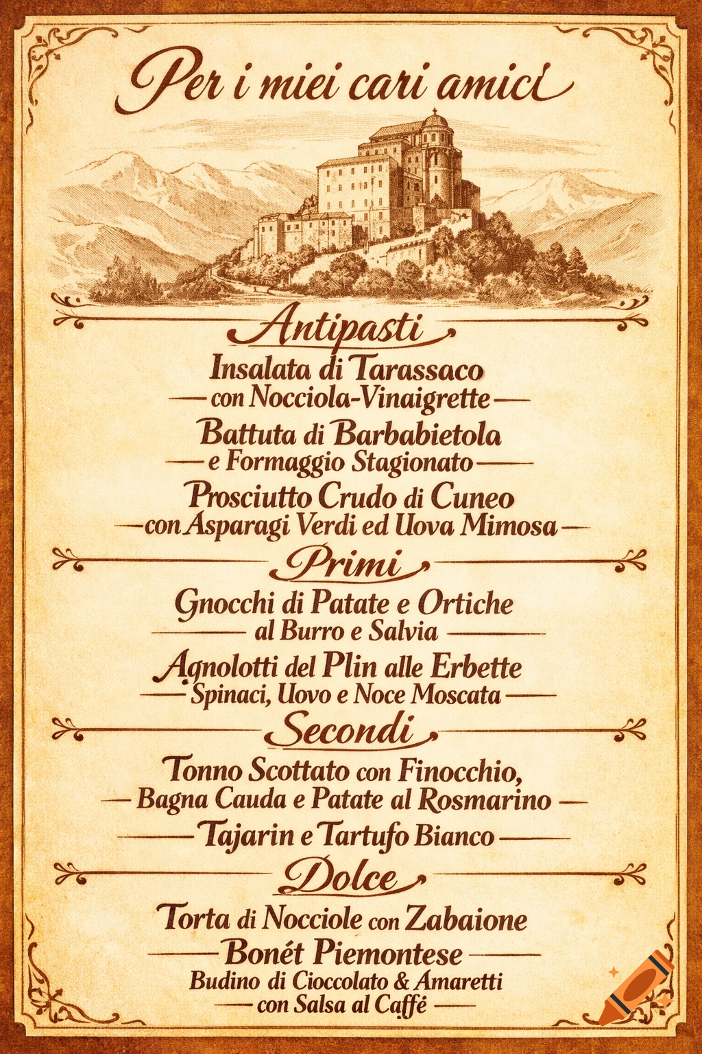 Vintage-style Italian menu card with an illustration of a castle on a hill in the background. The menu is titled "Per i miei cari amici" and lists antipasti, primi, secondi, and dolci dishes in a calligraphic font.