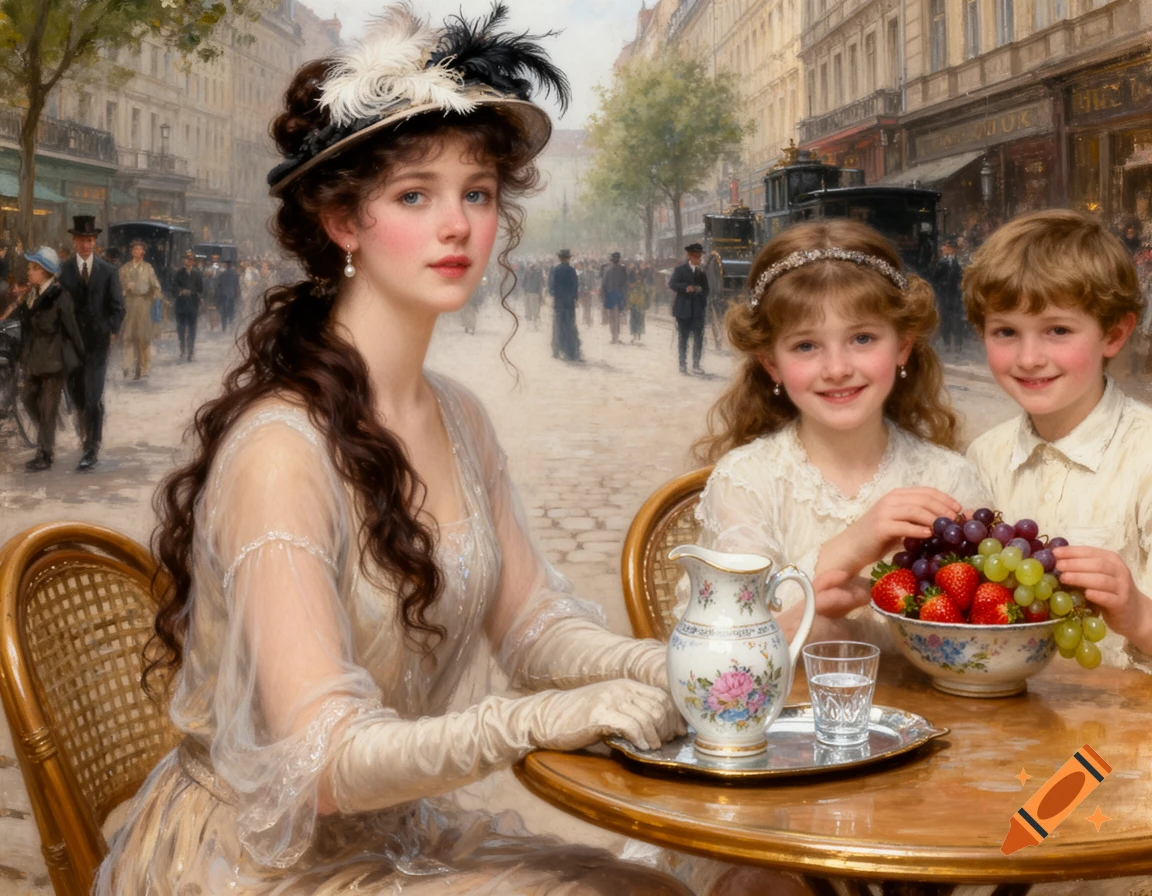 An impressionist painting shows a woman and two children sitting at an outdoor cafe table on a bustling 1800s city street.