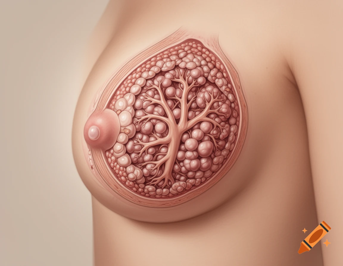 Anatomical illustration of a female breast, cross-section revealing internal glandular structures and ducts.