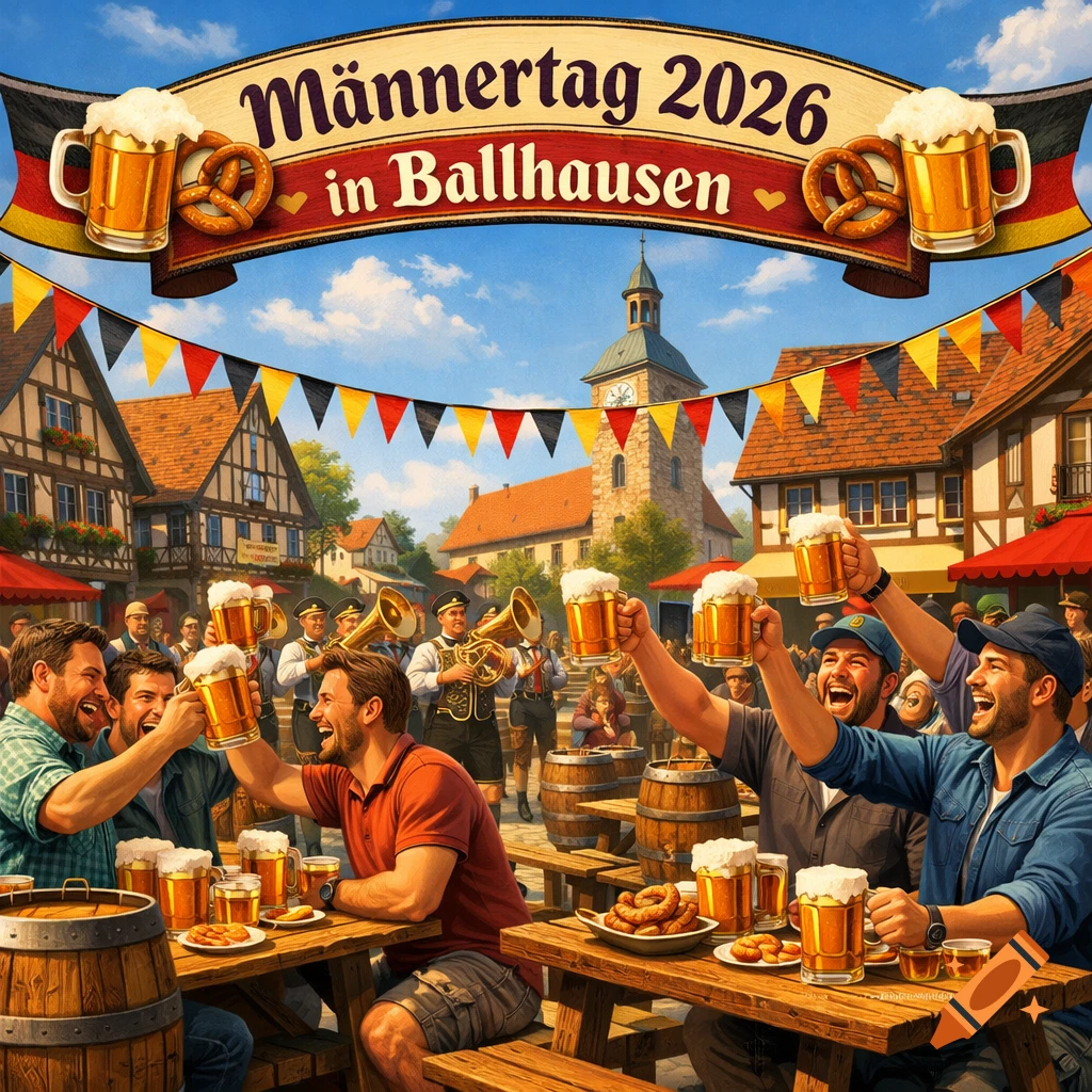 Men celebrate Männertag in Ballhausen, raising beer mugs and laughing in a lively village square with a banner.