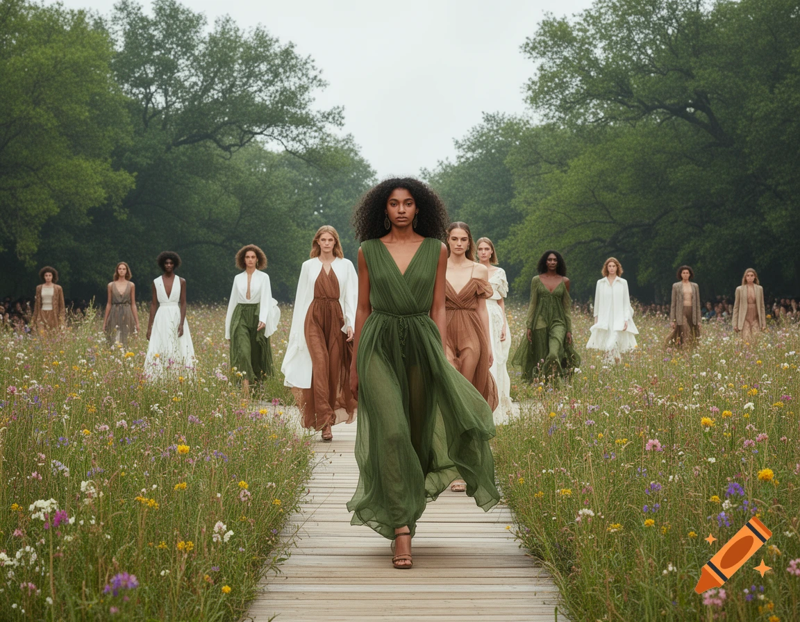 Models in flowing green and brown dresses walk a wooden runway through a wildflower field.
