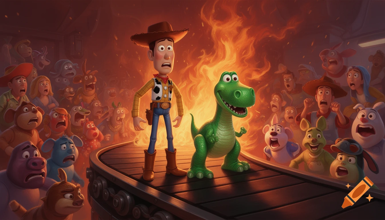 Woody and Rex on a conveyor belt with other terrified cartoon toys, engulfed in flames in an animated, dramatic scene.
