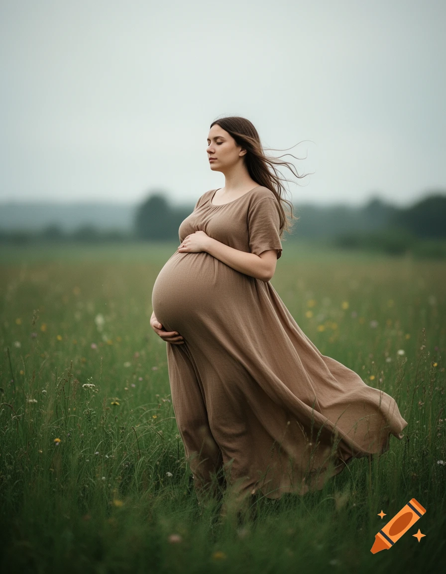 A serene pregnant woman in a brown dress, standing in a green field with her eyes closed, holding her large belly.
