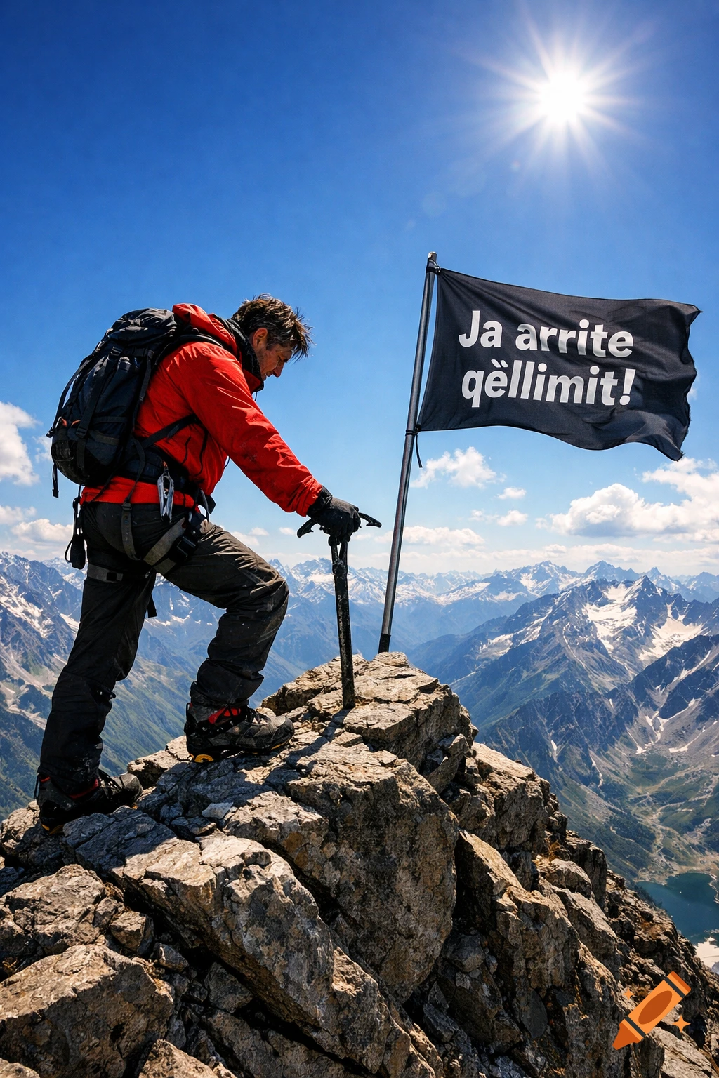 A man in climbing gear stands on a rocky mountain peak, planting a black flag with 'Ja arrite qellimit!' written on it, under a bright sun.