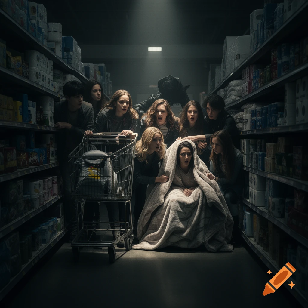 A group of frightened people huddle and hide in a dimly lit supermarket aisle from a shadowy figure, in a suspenseful, photorealistic style.